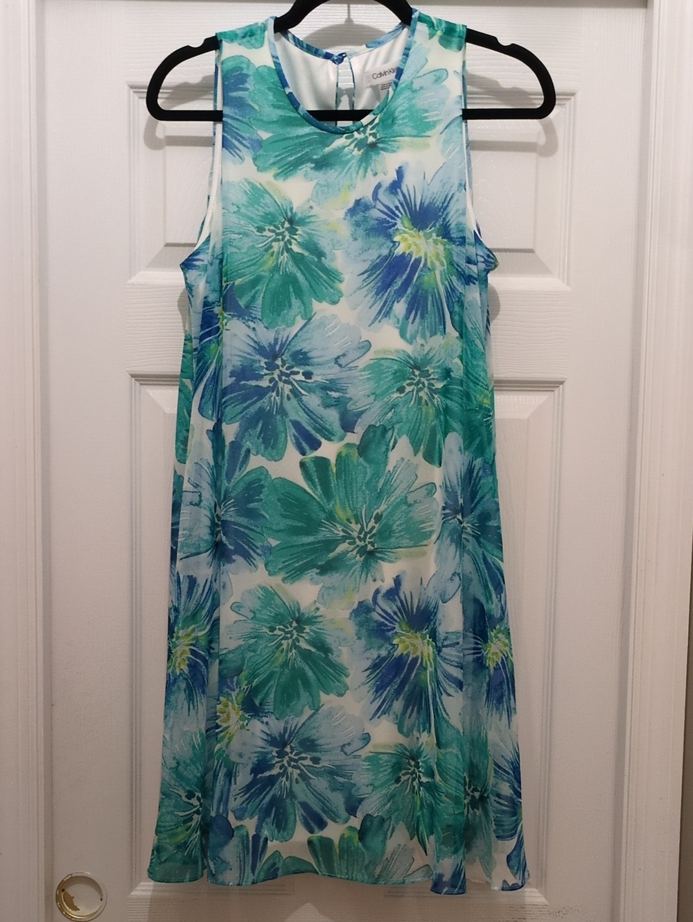 Calvin Klein Women's Dress Size 8 Sleeveless Sheer Lined Blue Green Floral